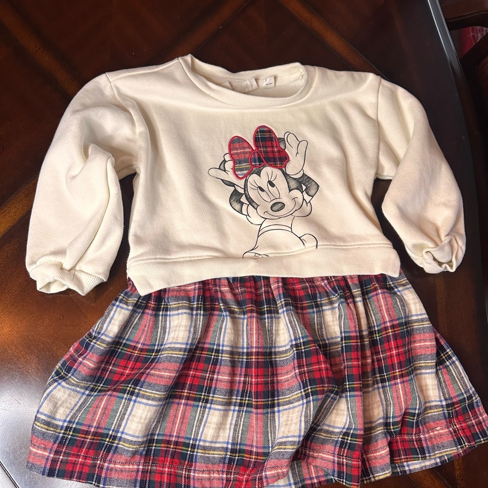 Cream baby Gap Minnie Mouse Dress with Plaid Skirt